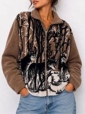Vintage Fleece Jacket Sweater Neutral Brown Wolf Brown Cozy Zip Up Cottagecore